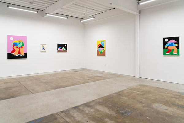 Installation view of Marbie's solo show "Good Love is Hard to Find," where images of abstracted figures, rendered in bright, color blocked hues, pose in various positions.