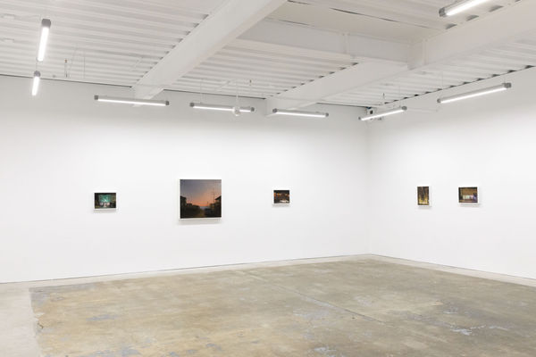 Installation image of Embers. Paintings - Pay Little, Red Sky, Lights Cheer Up, Shortcut Through Cosmo Pl, Daily Dozen (left to right) at Hashimoto Contemporary San Francisco