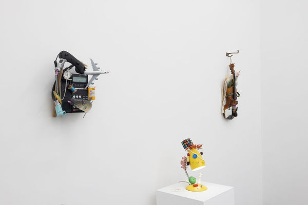 White Wall with three sculptures at Stephen Morrison Dog Show #4: House Broken exhibit