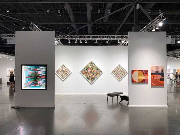 Installation image featuring Peter Gronquist's "Ferns and Roses", Sean Newport's "Natural Loops", "ZigZagPow" and "Spiralize" and Laura Berger's "Through Me" and "Eclipsing" at Seattle Art Fair 2019
