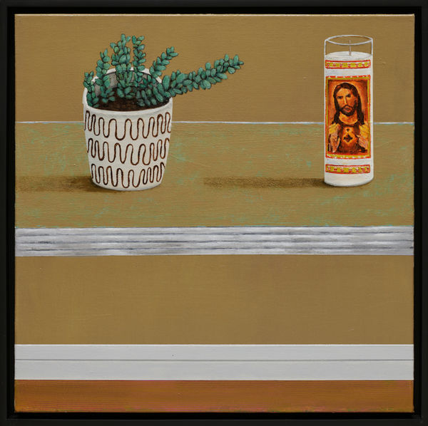 painting of a tabletop with flower and candle