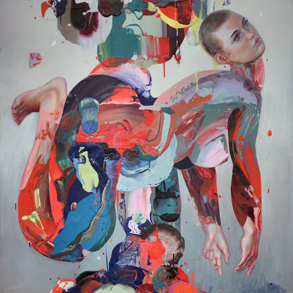 Erik Jones painting of woman with shaved head, colorful abstracted body leaning back