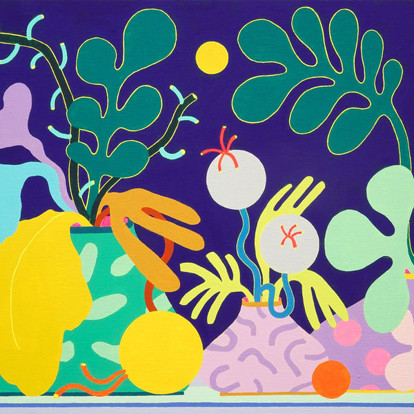 CHIAOZZA painting of three alien-like bouquets in a three vases in a dark background