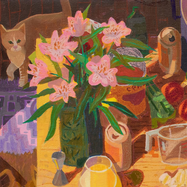 Still life painting of a kitchen counter with several empty cans, glass of wine, a bouquet of flowers and a cat on it