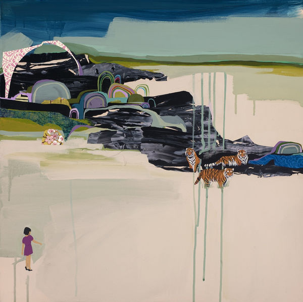 painting depicting an abstract landscape made of organic shapes with tigers and other figures scattered about by art Seonna Hong