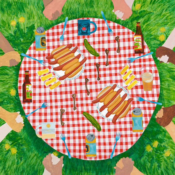 painting of a picnic table with hands surrounding it