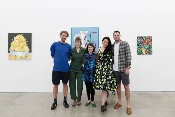 All of the artists and curator at the opening reception of Pith at Hashimoto Contemporary Los Angeles