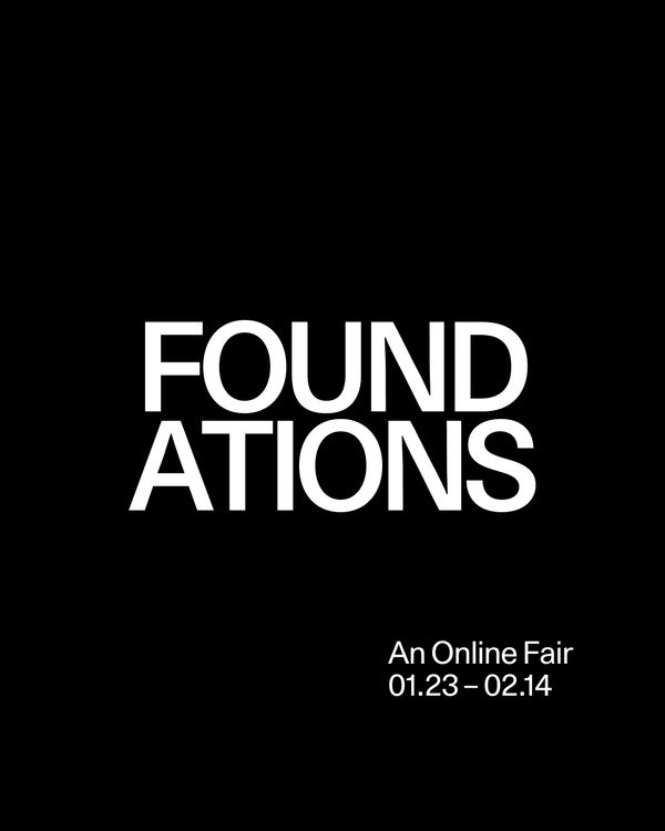 An image of bold white text on a black background. The texts reads "FOUNDATIONS: An Online Art Fair 1.23.2024 - 2.14.2024"