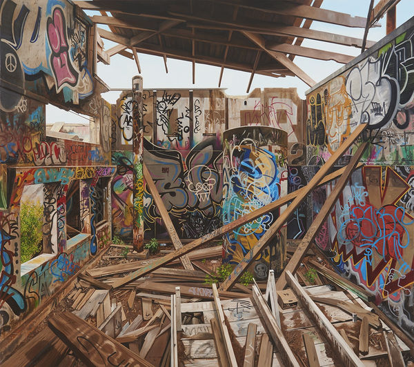 Jessica Hess painting featuring broken down, graffitied building