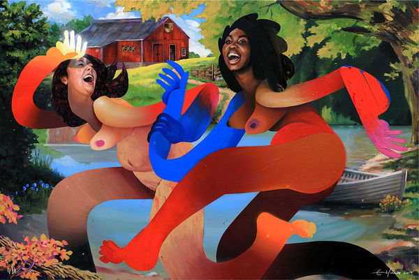 "Rabecca and Desera" painting by Erik Jones, featuring bright colors and abstracted female nudes