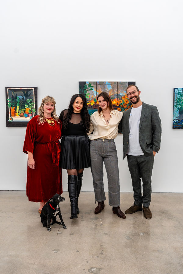 Artists Nicholas Bono Kennedy, Lou Benesch, Shannon Taylor and curator Dasha Matsuura at the opening reception in Los Angeles