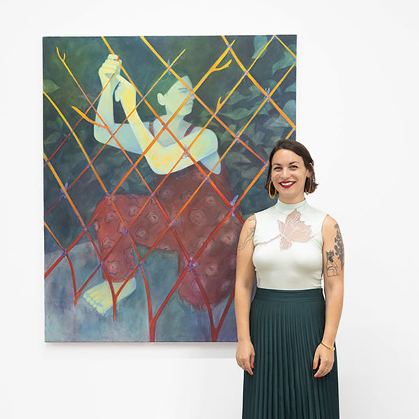 Photo of artist Genevieve Cohn taken during the opening reception of her exhibition "In Defense of Tenderness," at Hashimoto Contemporary San Francisco