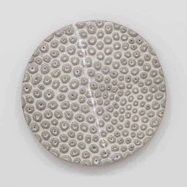 Randi Renate montastraea cavernosa (great star coral) .002L, 2024 Glazed stoneware, epoxy, silver Diameter: 22 inches (55.88 cm)