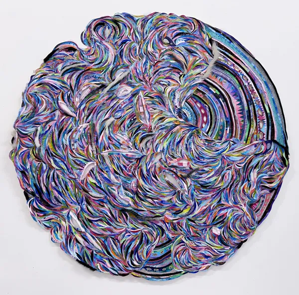 Kathy Sirico, "Monument to a Tree", 2021, Acrylic on canvas, recycled textiles, yarn, faux fur, and mixed media collage on canvas, 52 x 52 x 2in (132.1 x 132.1 x 5.1 cm)