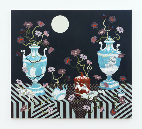 Lizzie Gill (b. 1989) Pair of Covered Vases, 2024 Acrylic, image transfer and marble dust emulsion on canvas 56 x 62 inches 142 x 157 cm