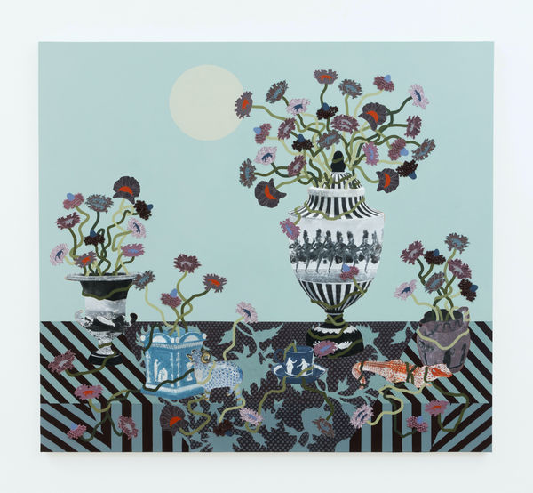 Lizzie Gill (b. 1989) Still Life At Dusk (Avec Le Crocodile), 2025 Acrylic, image transfer and marble dust emulsion on canvas 56 x 62 inches 142.2 x 157.5 cm
