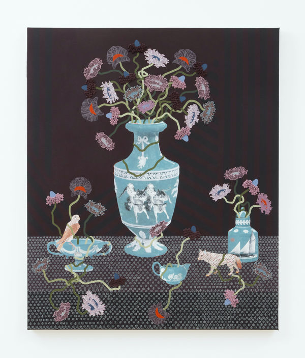 Lizzie Gill (b. 1989) Still Life With Four Cerulean Vessels, 2025 Acrylic, image transfer and marble dust emulsion on canvas 48 x 40 inches 121 x 101 cm