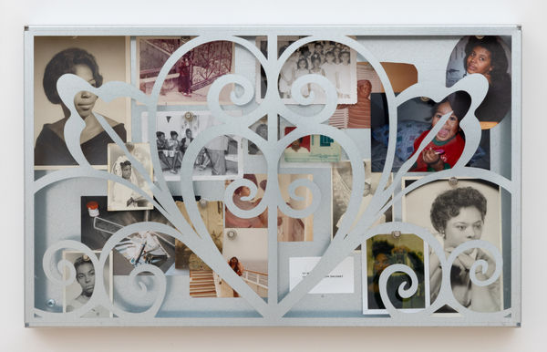 Andina Marie Osorio Untitled (to whom do i owe the woman i have become), 2025 Galvanized steel, archival photographs, magnets 14 3/4 x 24 1/4 x 2 inches 37 x 61 x 5 cm