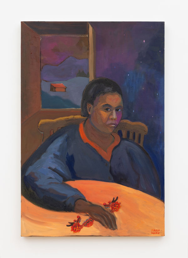 Hana Ward (b. 1989) The cosmos crept in, 2025 Oil and image transfer on linen 36 x 24 x 3 inches 91 x 60 x 7 cm