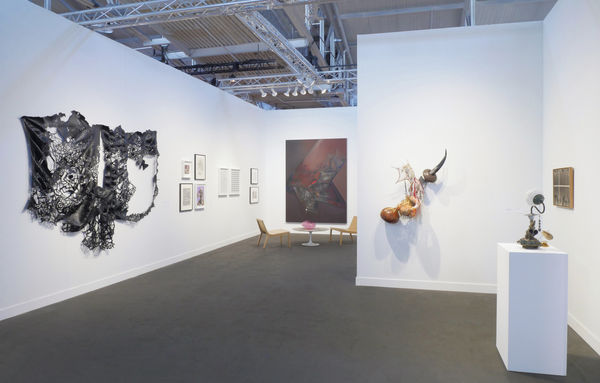A photo of the artworks installed in the Hosfelt booth