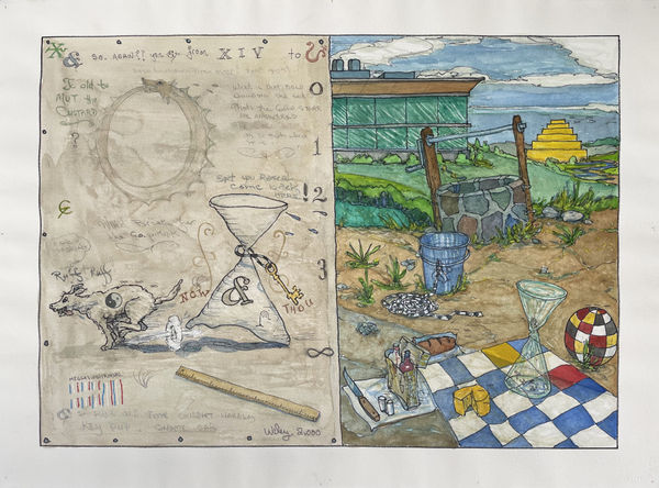A watercolor depicting two scenes. On the left, a dog runs away from a glass hour glass, surrounded by various symbols and phrases. On the right, a picnic scene with a glass hour glass.
