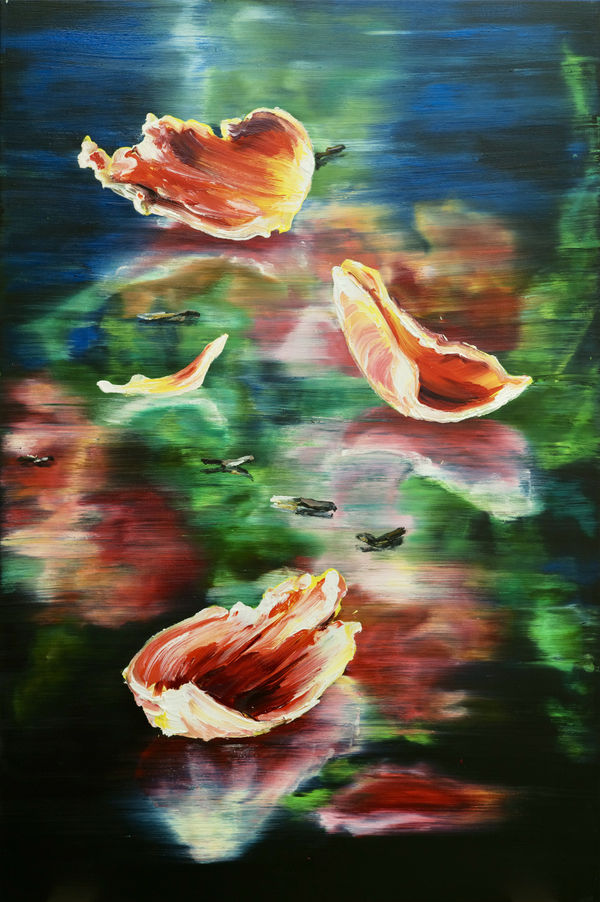 Painting of orange flower petals fallen on a dark reflective surface with the vase of flowers visible in the reflection