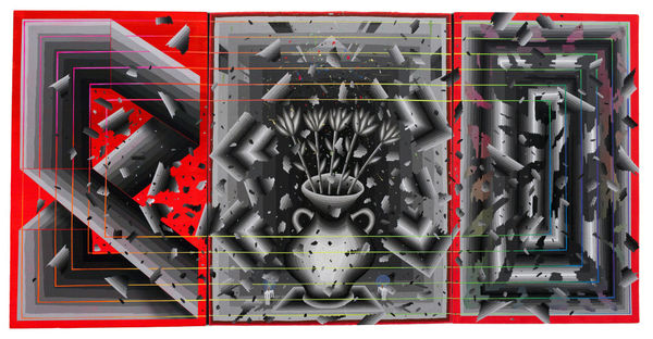 Andrew Schoultz, "Dark Arrangement 1 (Infinity, Fragments and Destruction)," 2014, acrylic on canvas, over panel, 30 x 63 inches overall triptych