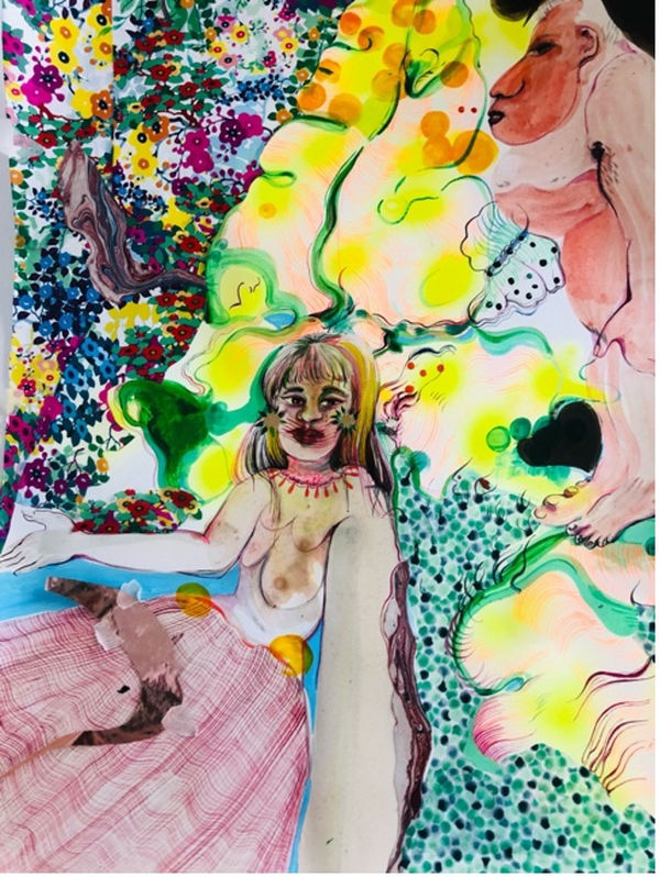 Rina Banerjee, "to harvest her growth in flower and fertility and then to be sent to crawl under mountainous masculinity to be captive and courageous to be sensual without surrender is woman to woman nature’s gift and sorrow.," 2022, acrylic, collage papers, textiles, silver leaf and ink on paper 30 x 22 inches, 76.2 x 55.9 cm