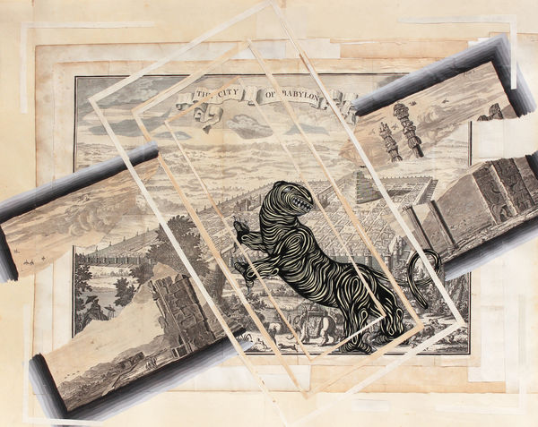 Andrew Schoultz, "Beast in Babylon," 1740-2014, acrylic and collage on antique copper plate print, 19 1/2 x 24 inches