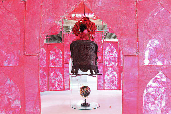 Rina Banerjee "Take me, take me, take me…to the Palace of Love", 2003, plastic, antique Anglo-Indian Bombay dark wood chair, steel and copper framework, floral picks, foam balls, cowrie shells, quilting pins, colored moss, antique stone globe, glass, synthetic fabric, shells, fake birds, 226 x 161 x 161 inches