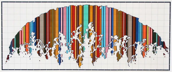 Rough edged semi-circle is filled with a pattern of multi-colored thin and thick vertical lines The use of negative space towards the bottom of the piece create the effect that the semi-circle is crumbling