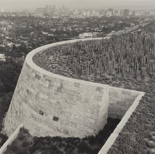 cacti in garden at Getty Museum with semi-circular wall surrounding