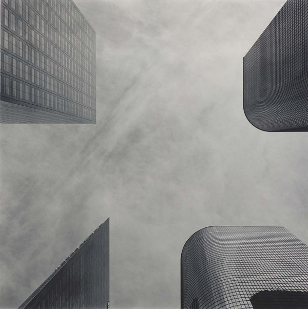 view of four skyscrapers in Los Angeles that make up square, rectangular, and geometric shapes in abstract study
