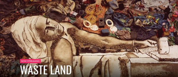 Vik Muniz Waste Land film cover with photograph of man's portrait made with junk, in the style of emake of Jacques-Louis David’s The Death of Marat
