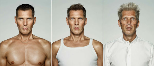 triptych of self-portraits of Erwin Olaf, from left to right: shirtless and airbrushed, straight self-portrait in a white tank top, and in a white shirt with breathing apparatus