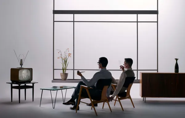 Erwin Olaf, Benno Premsela, 1964 Broadcast — two men in a mid-century interior watching a vintage TV with archival footage, cinematic staged photography on queer history