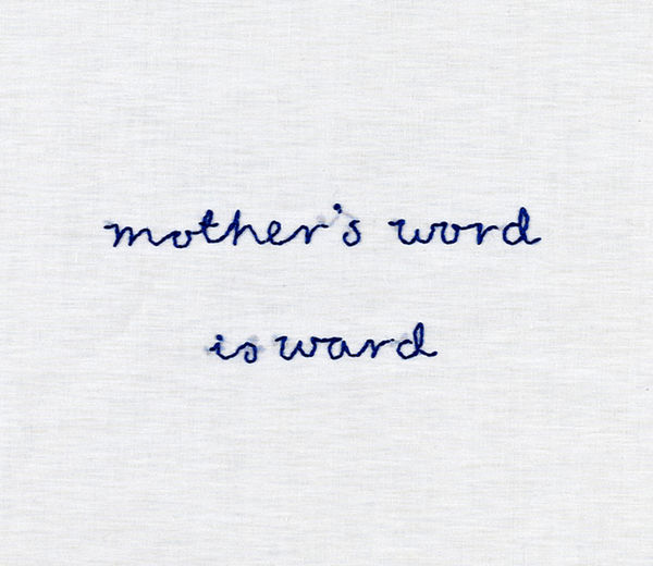 5 poem-objects (detail) 2012 hand embroidered linen handkerchiefs, with Jean Malone 5 parts 48 x 48 cm each (unframed); 57.5 x 57.5 cm each (framed)