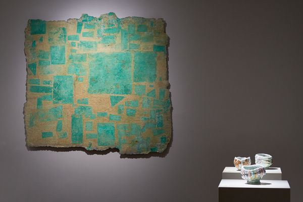 Yasue Maetake Printed Oxidation on Fiber Relief XIII, 2018-2022 Verdigris on boiled and beaten Kozo, Gampi, Cotton linter H49 1/2 x W53 x D2 in H125.7 x W134.6 x D5.1 cm (A25443) Kodai Ujiie 1990-presentCeladon Lacquer Tea Bowl Ceramic H4 3/8 x W5 7/8 x D5 7/8 in H11 x W15 x D15 cm (C24865)