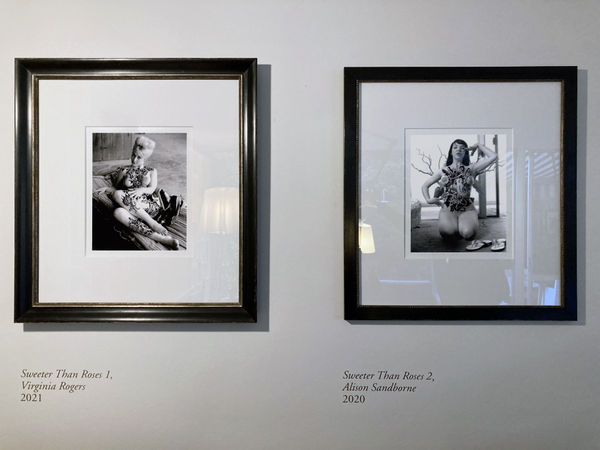 Installation view of the exhibition Sweeter than Roses by Víctor Castillo, presented by Isabel Croxatto Galería in Santiago, 2021. Credit: Nicolás de Sarmiento. Courtesy of Isabel Croxatto Galería. Left: Sweeter than Roses 1, Virginia Rogers. Right: Sweeter than Roses 2, Alison Sandborne.