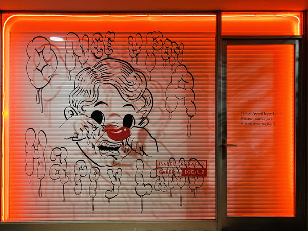 Installation view of Once Upon A Happy Land, solo exhibition by Víctor Castillo. Isabel Croxatto Galería | LOCAL 2. Santiago, Chile. May - June 2022. Photo: Nicolás de Sarmiento. Neon light courtesy of Simple Light Chile.