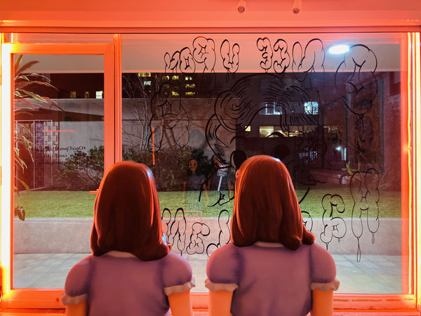 Installation view of Once Upon A Happy Land, solo exhibition by Víctor Castillo. Isabel Croxatto Galería | LOCAL 2. Santiago, Chile. May - June 2022. Photo: Nicolás de Sarmiento. Neon light courtesy of Simple Light Chile.