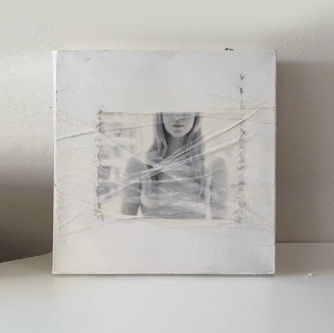 Angelica Arbulú Its not Eve but Lilith, 2024 Photograph printed on Hahnemuller photo rag mat protected with polyvinyl sown onto painted canvas with silver cotton thread, covered in tulle and encaustic. 40 x 40 cms