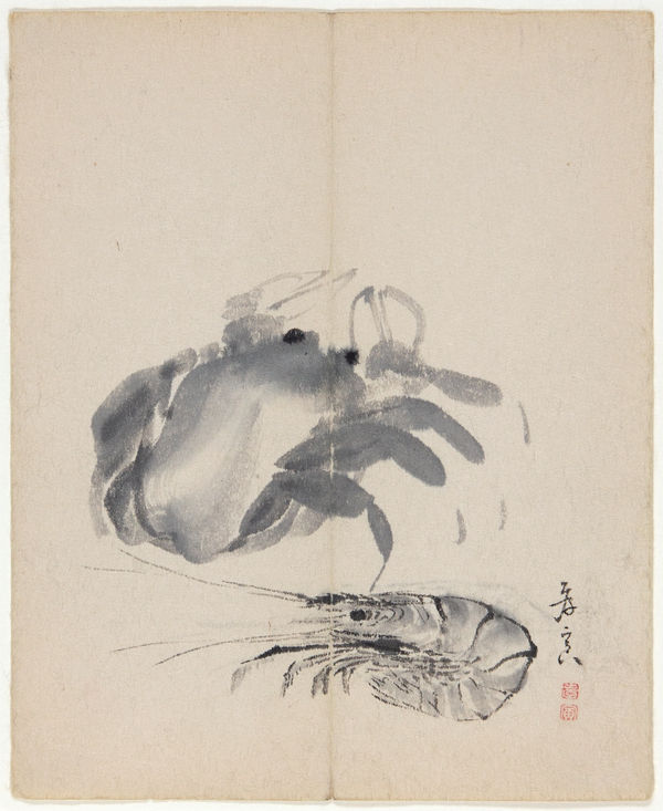 Malerei, #002662 BOKUSAI (Nagayama KÔIN) 1765-1849, Krebs und kleine Garnele, 19. Jahrhundert