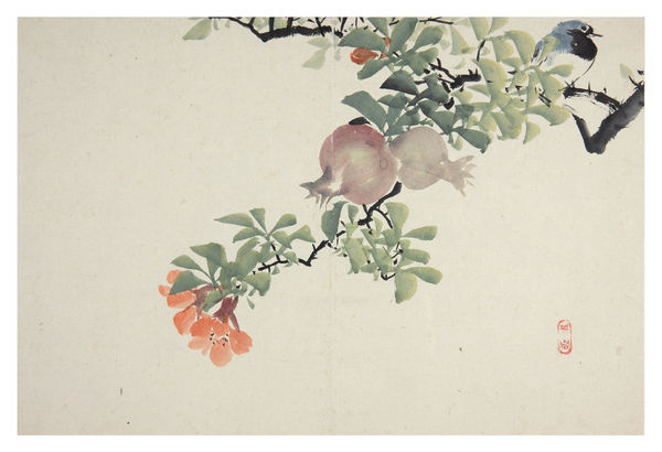 Malerei, #005280 NIWAYAMA KÔEN (1869-1943), Blauer Vogel auf Granatapfelzweig mit Früchten und Blüten, 19. / 20. Jahrhundert