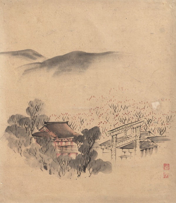 Malerei, #001286 KEIBUN ( Matsumura, Naoji ) 1779-1843, Landschaft mit Shintô-Schrein und Torii (Schreintor), 1. Hälfte des 19. Jahrhunderts