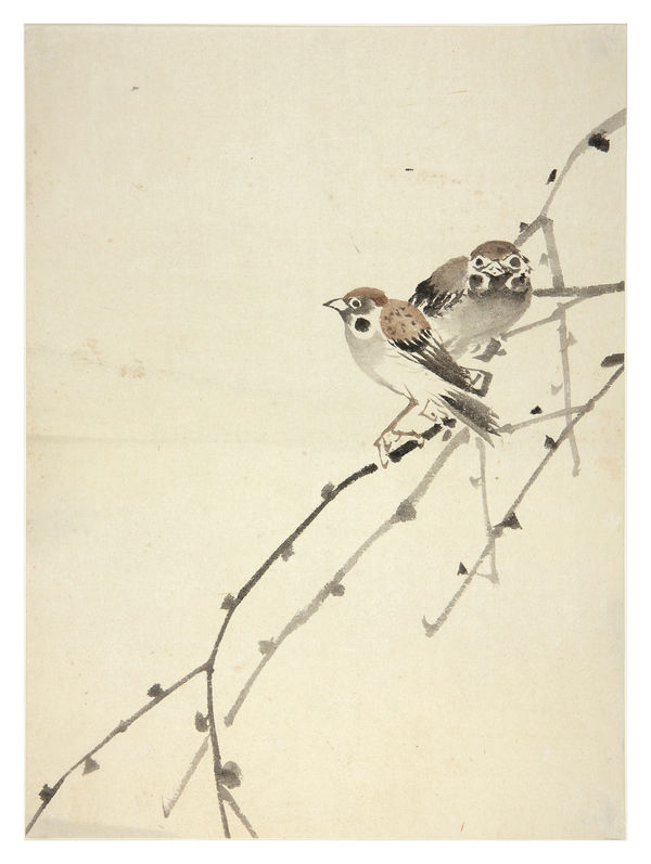 Malerei, #008132 Anonymer Künstler, Zwei Sperlinge auf Weidenzweig, Meiji-Zeit (1868-1912)