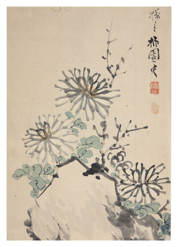 Malerei, #007488 HAKUEN (Hirose Akira) aktiv von 1850-1870, Chrysanthemen am Felsen., 19. Jahrhundert