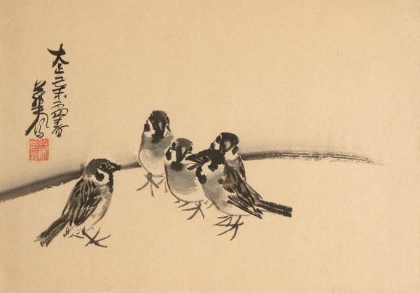 Malerei, #000036 Nakajima Kahô (1866-1939), Sperlinge, Shôwa-Zeit (1926-1989)