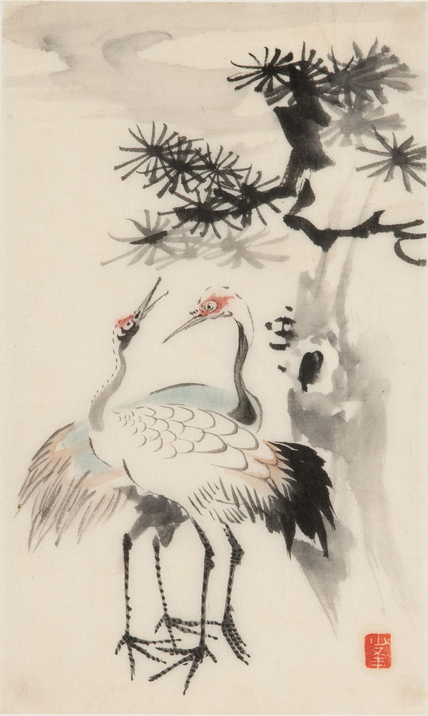 Malerei, #006837 ÔBA, Hôsui (1837-? ), Kranichpaar und Kiefer, Meiji-Zeit (1868-1912)