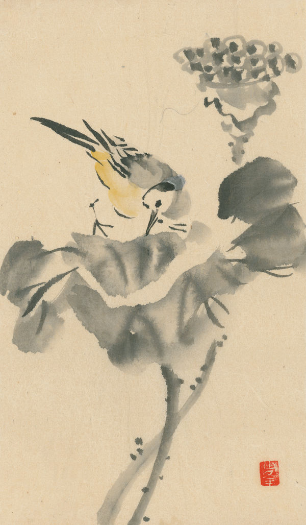 Malerei, #006847 ÔBA, Hôsui (1837-? ), Bachstelze auf Lotusblatt, Meiji-Zeit (1868-1912)